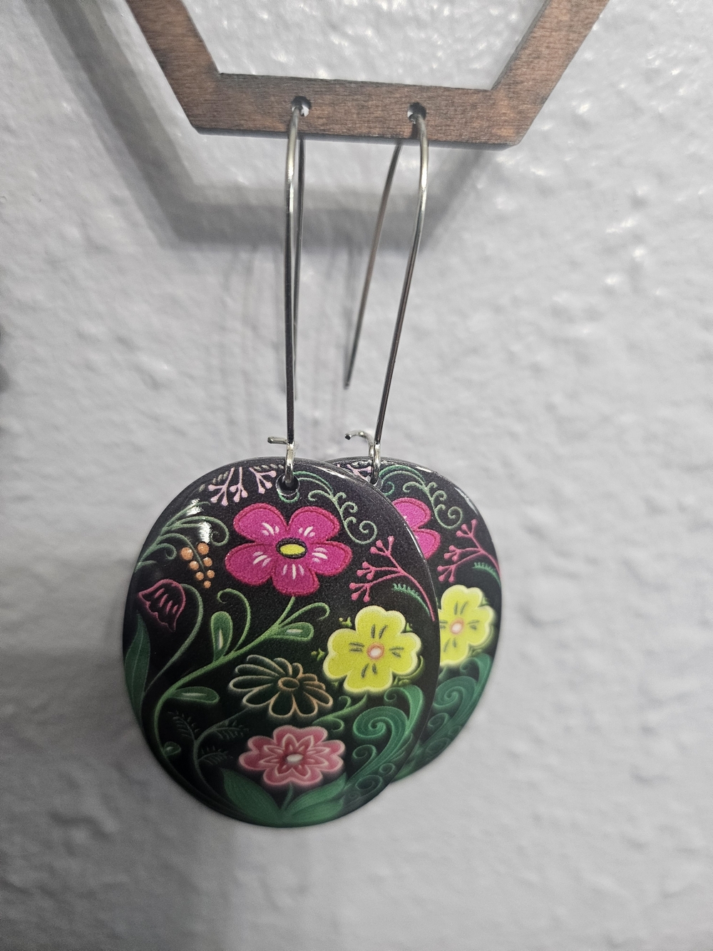 Floral Round Dangle Earrings in Black with Pink & Yellow Flowers